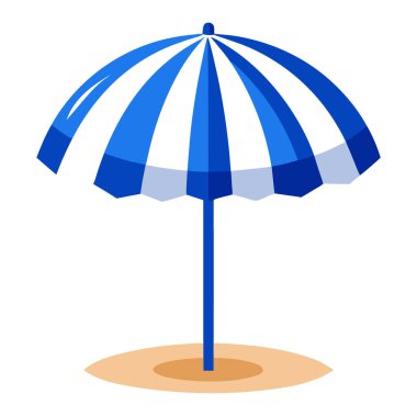 Yazın mavi ve beyaz çizgili plaj şemsiyesi, güneşli bir Temmuz gününde sahilde gölge sağlar. Yapay zeka üretildi. Vektör simgesi