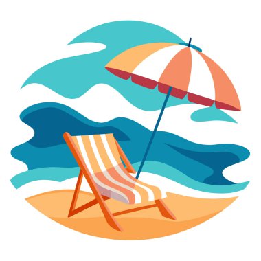 Sahilde dalgaların çarptığı plaj sandalyeleri ve şemsiyeler. Yaz. Yaz titreşimleri. Rahatlatıcı. Yapay zeka üretildi. Vektör simgesi
