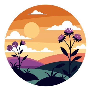 Yerli kır çiçekleri. Illinois bozkırının üzerinde Blooming Bergamot 'la güzel bir günbatımı manzarası. Yapay zeka üretildi. Vektör simgesi