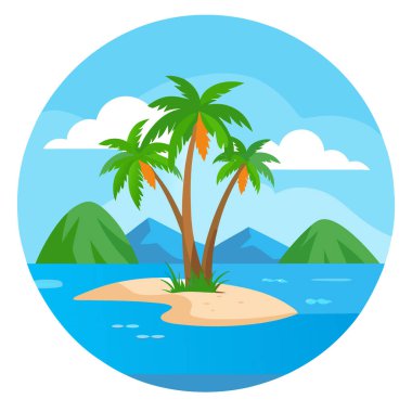 Açık mavi gökyüzünün altında palmiye ağaçları ve sakin bir plaj manzarası olan tropikal bir ada resmi. Yapay zeka üretildi. Vektör simgesi