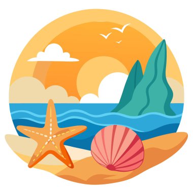 Deniz kabukları ve Denizyıldızı, Günbatımında Nazik Dalgalarla Tropikal Kaçış 'ta Kucaklaşır ve... Yapay zeka üretildi. Vektör simgesi