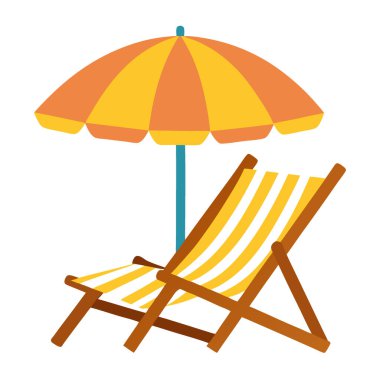 Güneş şemsiyeli plaj sandalyeleri. Beyaz arka planda izole edilmiş. Yaz rahatlama gereksinimleri. Yapay zeka üretildi. Vektör simgesi