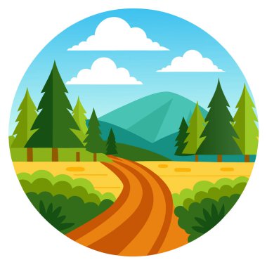 İsveç 'te Takern Gölü' nün yanındaki orman ufkuna uzanan toprak yol tarlaları. Yapay zeka üretildi. Vektör simgesi