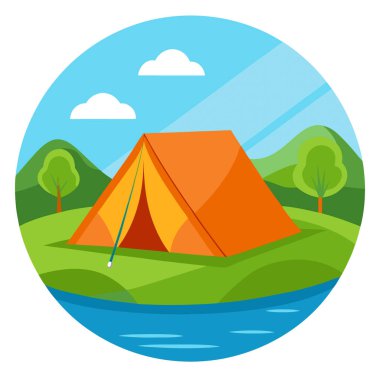 Güzel bir yaz gününde sakin bir gölün yakınındaki yeşil çimlerin üzerine canlı bir turuncu çadır kurulur. Yapay zeka üretildi. Vektör simgesi