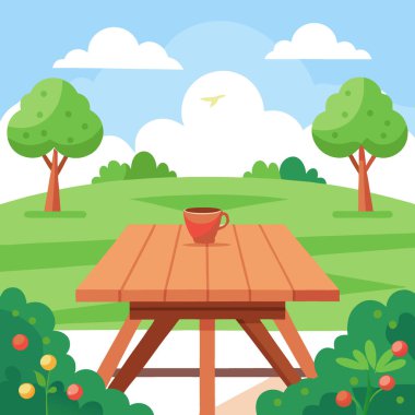 Arka planda bulanık yeşil bahçeli boş ahşap masa ve arka planda parti yapay zeka tarafından oluşturuldu. Vektör simgesi