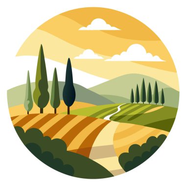 İtalya kırsalında selvi ağaçları gün doğumunda altın tarlalar ve bulutlu gökyüzü boyunca uzanır. Yapay zeka üretildi. Vektör simgesi