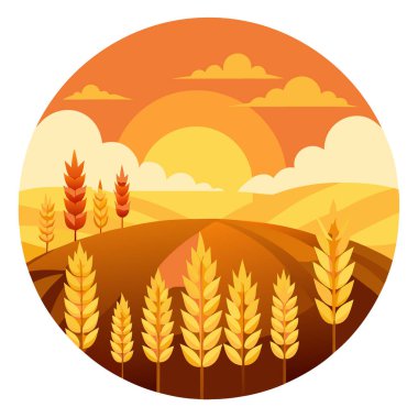 Günbatımında altın buğday tarlası güzel yaz manzarası gökyüzü kulak çiftliği yiyecek kulakları olgun, sıcak ve zengin. Yapay zeka üretildi. Vektör simgesi