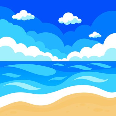 Haziran. Mavi gökyüzü, beyaz bulutlar ve kumlu bir sahilde köpüklü dalgalarla ilham verici bir yaz arkaplanı. Yapay zeka üretildi. Vektör simgesi