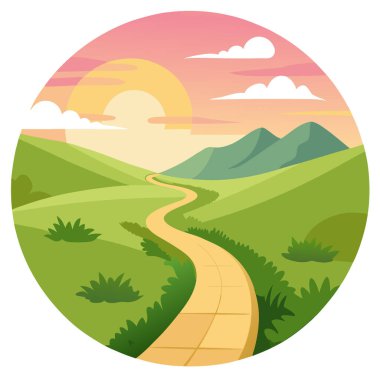 Şafak vakti çimenli bir tarlada dolanan manzaralı yol yapay zekanın ürettiği doğal bir ilkbahar manzarasını yakalıyor. Vektör simgesi