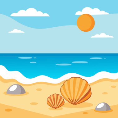 Kumsaldaki deniz kabukları yaz okyanusu güneşli gün ışığı gökyüzü mavi altın manzaralı kıyı suyu. Yapay zeka üretildi. Vektör simgesi
