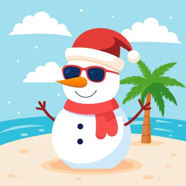 Sandy Snowman güneş gözlüğü takıyor ve Noel Baba şapkası takıyor. Tropik plajda güneşli bir Noel 'in tadını çıkarıyor. Yapay zeka üretildi. Vektör simgesi