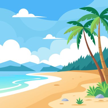 Sakin bir yaz tatili için arka planda bulanıklık ve güneşli kum içeren sakin tropikal plaj sahnesi. Yapay zeka üretildi. Vektör simgesi