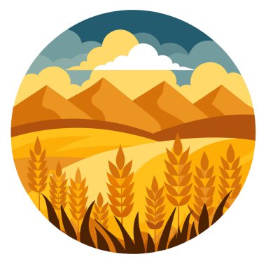 Uzak dağları ve yuvarlanan tepeleriyle dramatik gökyüzü altında altın buğday tarlaları. Yapay zeka üretildi. Vektör simgesi