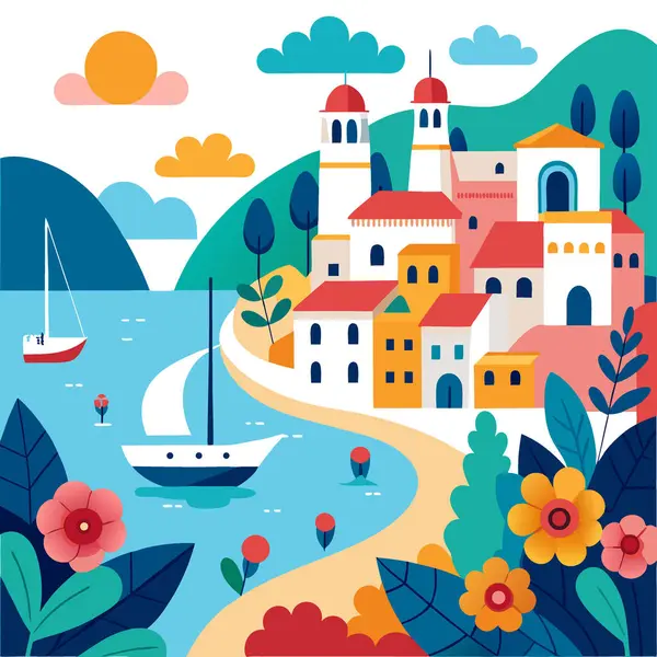 Canlı çiçekleri ve teknelerle benekli huzurlu körfezi olan büyüleyici İspanyol kıyı kasabası. Yapay zeka üretildi. Vektör simgesi