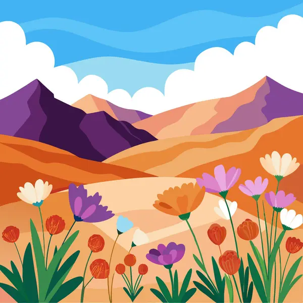 Çiçekler açan çöl çiçekleri dingin bir gökyüzü ve dağların altında renkli bir çiçek halısı. Yapay zeka üretildi. Vektör simgesi