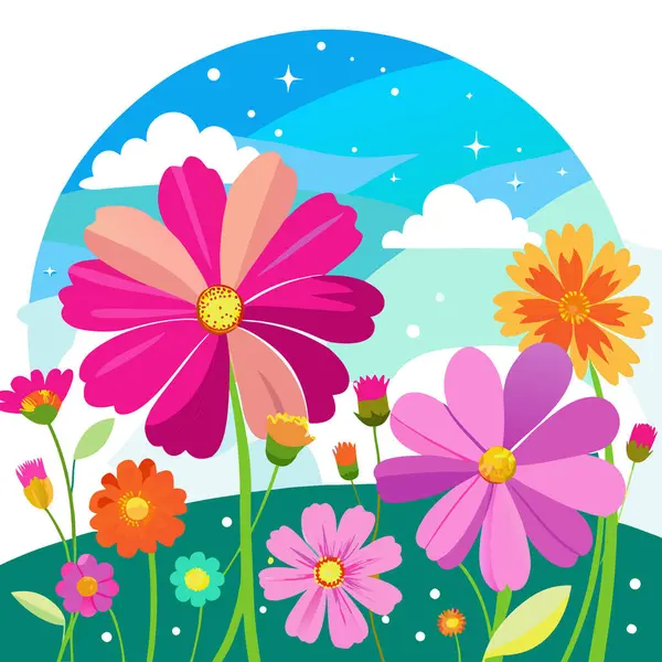 Güzel bir bahar yazı parlak doğal arka plan renkli kozmos çiçekleri yakın yapay zeka üretiyor. Vektör simgesi