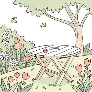 Yapay zekanın ürettiği canlı çiçeklerle çevrili güneşli bir bahçede sade bir ahşap masa. Vektör simgesi