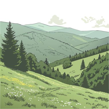 Dağları olan güzel, canlı yeşil bir manzara. Çim alanı ve bulutlar yapay zeka oluşturdu. Vektör simgesi