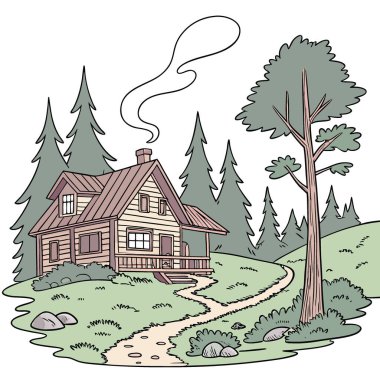 Vahşi doğadaki kulübeler. Blue Sky ve Wooden Cabin 'in bulunduğu bir pansiyon. Vektör simgesi