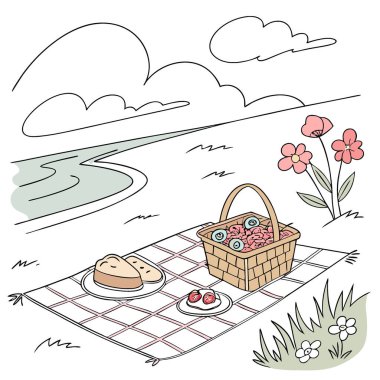 Taze pastalar ve güzel çiçeklerle rahatlatıcı bir plaj pikniğinin tadını çıkar. Yapay zeka üretildi. Vektör simgesi