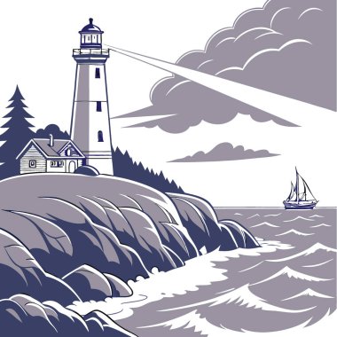 Sahildeki kayalıklara bakan deniz feneri dramatik bir günde. Yapay zeka üretildi. Vektör simgesi