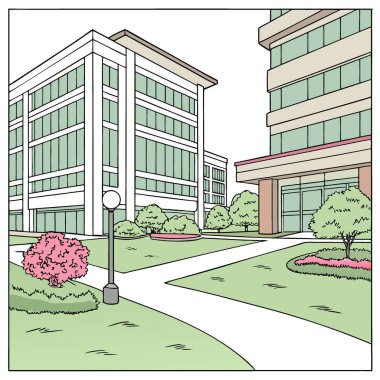 Modern ofis parkı. Güneşli bir gün. Peyzaj arazisi. Ticari binalar. Yapay zeka üretildi. Vektör simgesi