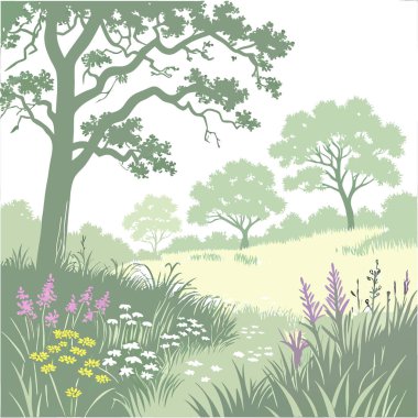 Illinois 'deki Oak Savanna Ormanı. Bir Yaz Çimen ve Yabani Çiçekler Cenneti. Yapay zeka üretildi. Vektör simgesi