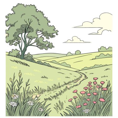 İlkbahar ve yaz doğal panoramik manzara çim tarlası gökyüzü yapay zeka üretti. Vektör simgesi