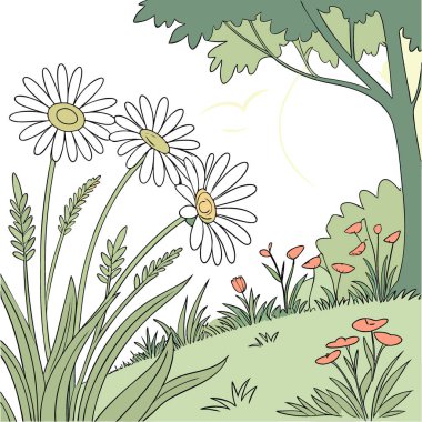 Yeşil arka planda güneşli bir günde bahçede papatyalarla hayat. Yapay zeka üretildi. Vektör simgesi