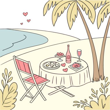 Sevgililer Günü masa masası boş yer ve yaz sahili manzaralı. Yapay zeka üretildi. Vektör simgesi