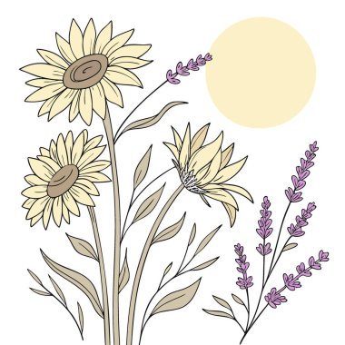 Sırılsıklam olmuş ayçiçekleri. Lavanta aksanları. Yumuşak bir doku. Baskı yapay zeka üretildi. Vektör simgesi