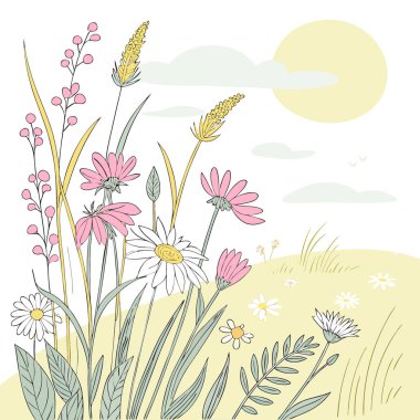 Yaz ışığında pembe sarı ve beyaz çiçekleri olan kır çiçeği çayırı. Yapay zeka üretildi. Vektör simgesi