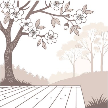 Bulanık yayı olan ahşap masa platformu. Bokeh ile yaz geçmişi. Yapay zeka üretildi. Vektör simgesi