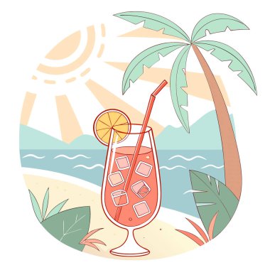 Üç boyutlu tropikal içecek. Yaz arkaplanı güneş ışığıyla yapay zeka üretildi. Vektör simgesi