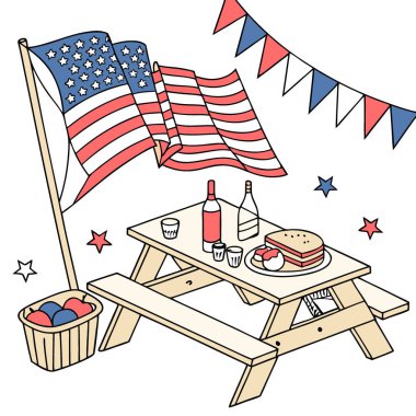 Amerikan bayrak piknik bankıyla 4 Temmuz pikniği. Mumlar. Yapay zeka üretildi. Vektör simgesi
