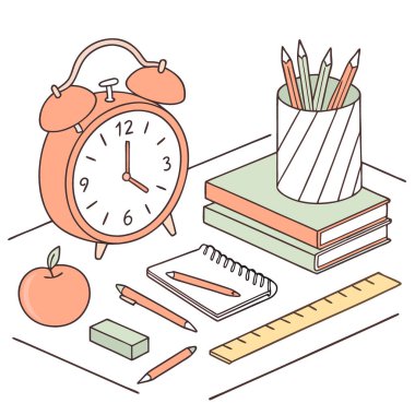 Okula geri dön. Turuncu Alarm Saati. Elma. ve okul gereçleri masanın üstünde. Yapay zeka üretildi. Vektör simgesi