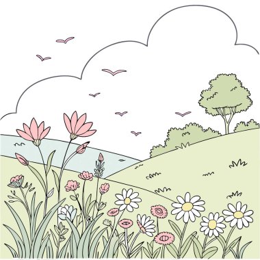 Çiçek tarlası ve açık mavi gökyüzü olan güzel doğal manzara. Yapay zeka üretildi. Vektör simgesi