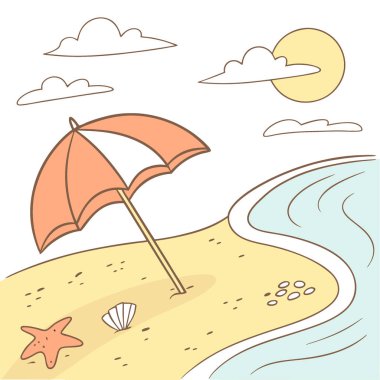Kumlu sahilde parlak turuncu şemsiye ve yaz güneşi altında hafif dalgalar. Yapay zeka üretildi. Vektör simgesi