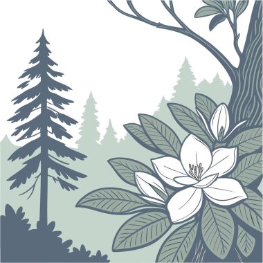 Gardenya çiçekleri yemyeşil ve çam ağaçlarıyla çevrili. Yapay zeka üretildi. Vektör simgesi