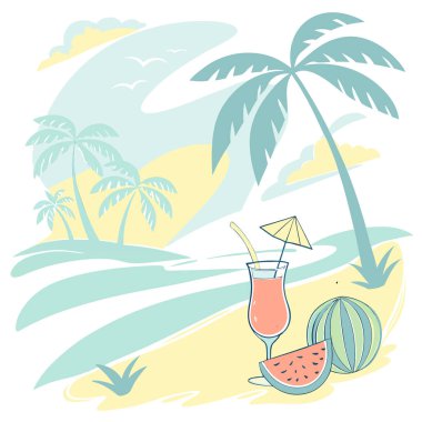 Renkli plaj tropikal yaz alkolü kokteylleri suluboya çizimleri. Yapay zeka üretildi. Vektör simgesi