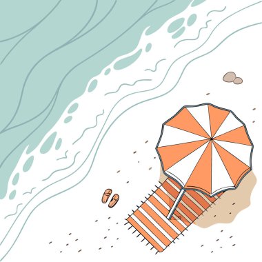 Okyanus dalgalarıyla dolu kumlu sahildeki turuncu plaj şemsiyesinin yüksek açılı görüntüsü. Yapay zeka üretildi. Vektör simgesi