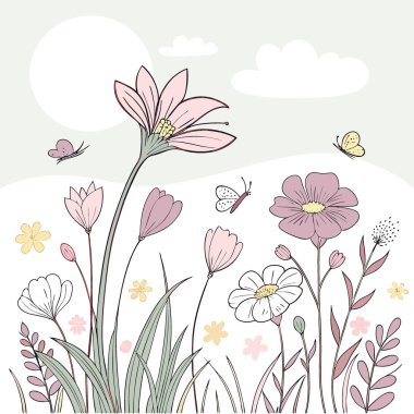 Yumuşak odaklı bahar çayırı. Hafif güneş ışığı altında renkli kır çiçekleri. Yapay zeka üretildi. Vektör simgesi