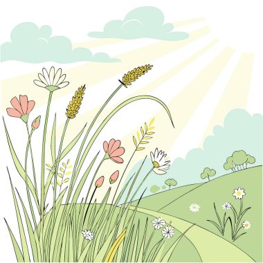 Yaz arkaplanı, çimen tarlasında güneşli bir gün ve kır çiçekleri. Yapay zeka üretildi. Vektör simgesi