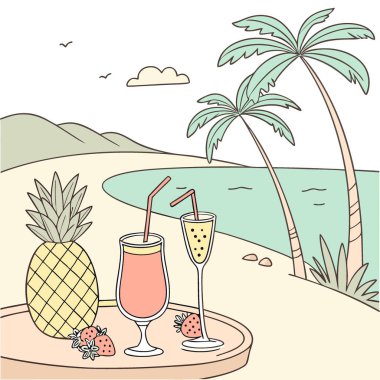 İki yaz kokteyli yapay zeka görüntülü tropik plaj içeceği. Yapay zeka üretildi. Vektör simgesi