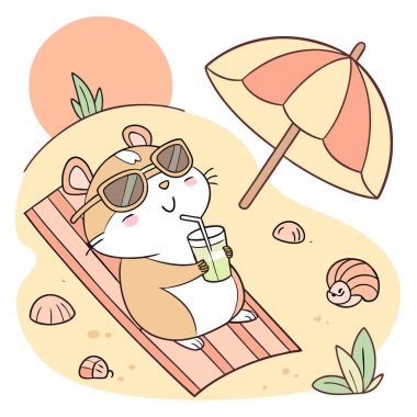 Yaz plajında güneş gözlüğü takan bir hamster yaz içeceği içiyor. Yapay zeka üretildi. Vektör simgesi