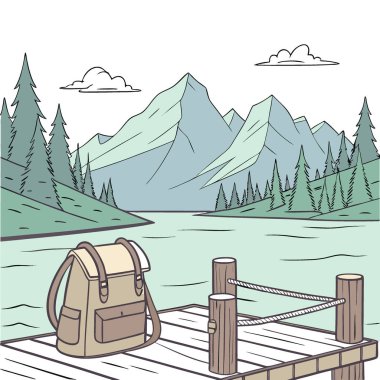 Sırt çantası huzurlu dağ gölünün yanındaki tahta iskelede dinleniyor. seyahat macerası. Yapay zeka üretildi. Vektör simgesi