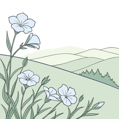 Ufka doğru uzanan keten mavisi çiçeklerle kaplı yumuşak yamaçta. Yapay zeka üretildi. Vektör simgesi