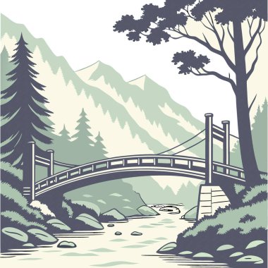 Kamikochi 'deki yemyeşil çimlerin ortasında Azusa Nehri üzerindeki Kappa Köprüsü. Japonya 'da yapay zeka üretildi. Vektör simgesi