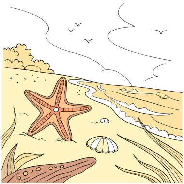 Yaz mevsiminde deniz yıldızı, yaz mevsiminde deniz suyunda. Yapay zeka üretildi. Vektör simgesi