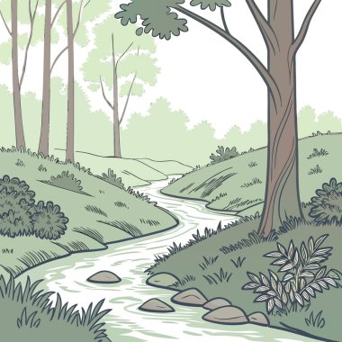 Serene Stream, bereketli bir yaz ormanının içinden geçiyor. Üç boyutlu çizim. Yapay zeka üretildi. Vektör simgesi